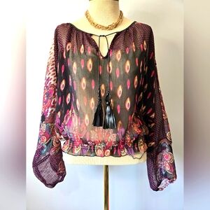 Bebe Black and Purple Sheer Peacock Blouse With Tassles. Size Medium